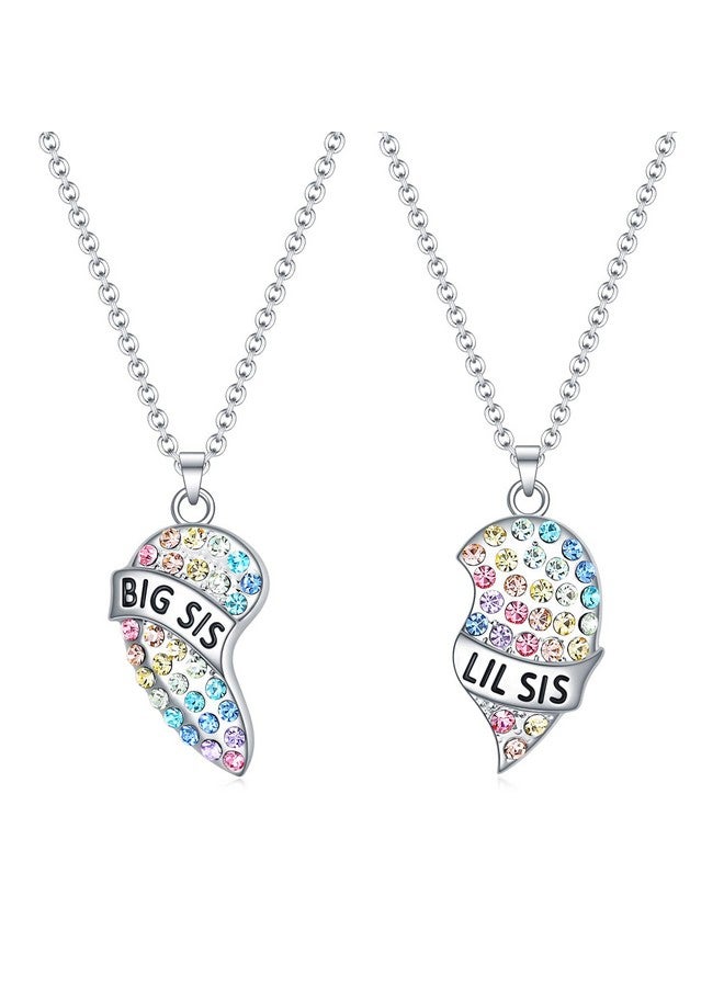 El Regalo 2 PCs Girls Sister Necklace Gifts, Big Sister Little Sister Jewelry Gift for 2,Rainbow Broken Heart BFF Friendship Pendant for Kids Teens Women (Big Sis Lil Sis) - Image 1