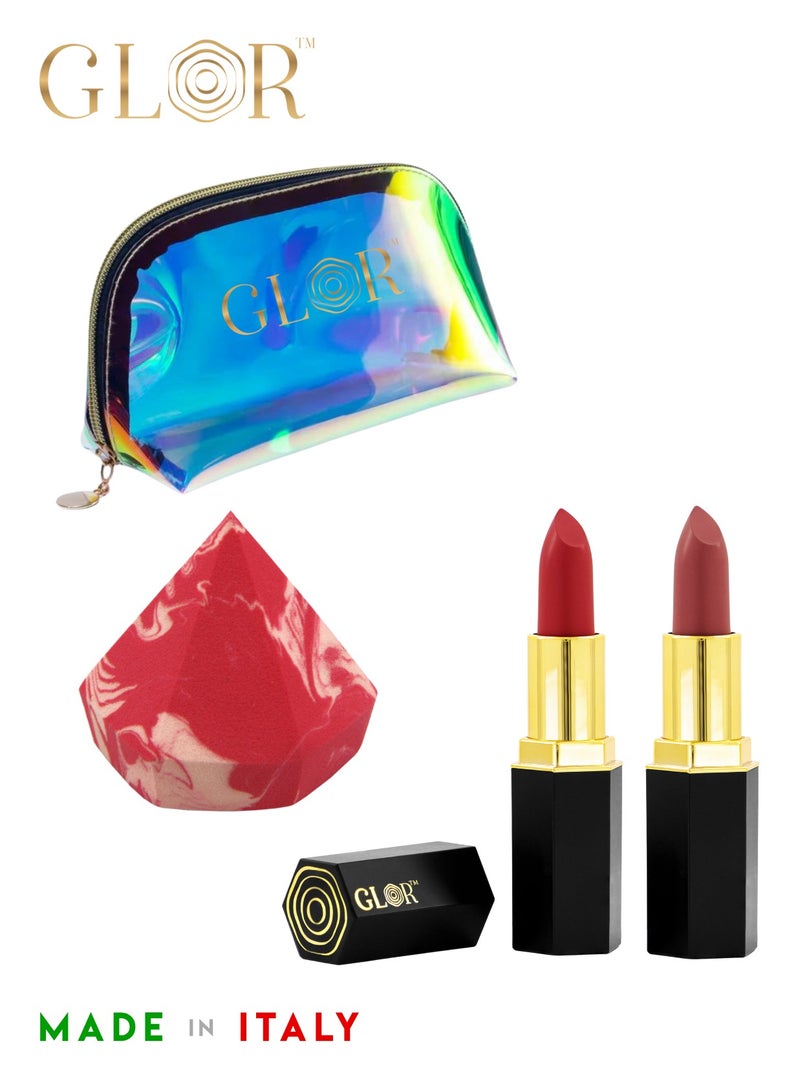 Glor Endless Charm Lipstick– Intense Long-Lasting Color, Luxurious Moisture, Ultra-Creamy Formula for Beautiful Lips-Raspberry Range + Voila + 1 Beauty Blender + 1 Cosmetic Bag - Image 1