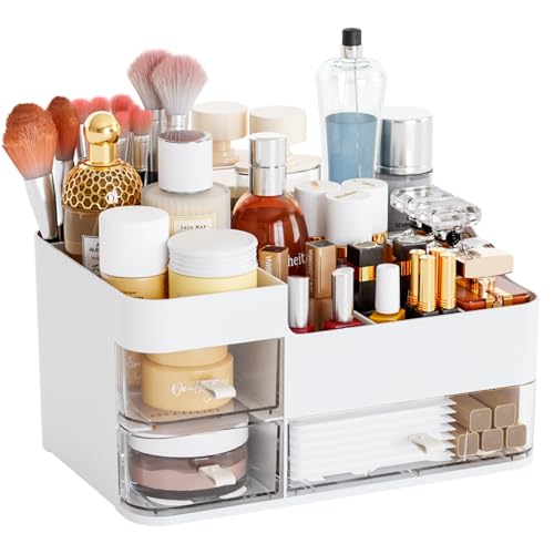 Cq acrylic White Makeup Organizer With Drawers,Large Skincare Organizers for Countertop,Desk,Dresser,Plastic Bathroom Counter Organizer for Brush,Palettes,Perfume,Beauty Products Organization,Skin Care Storage - Image 1