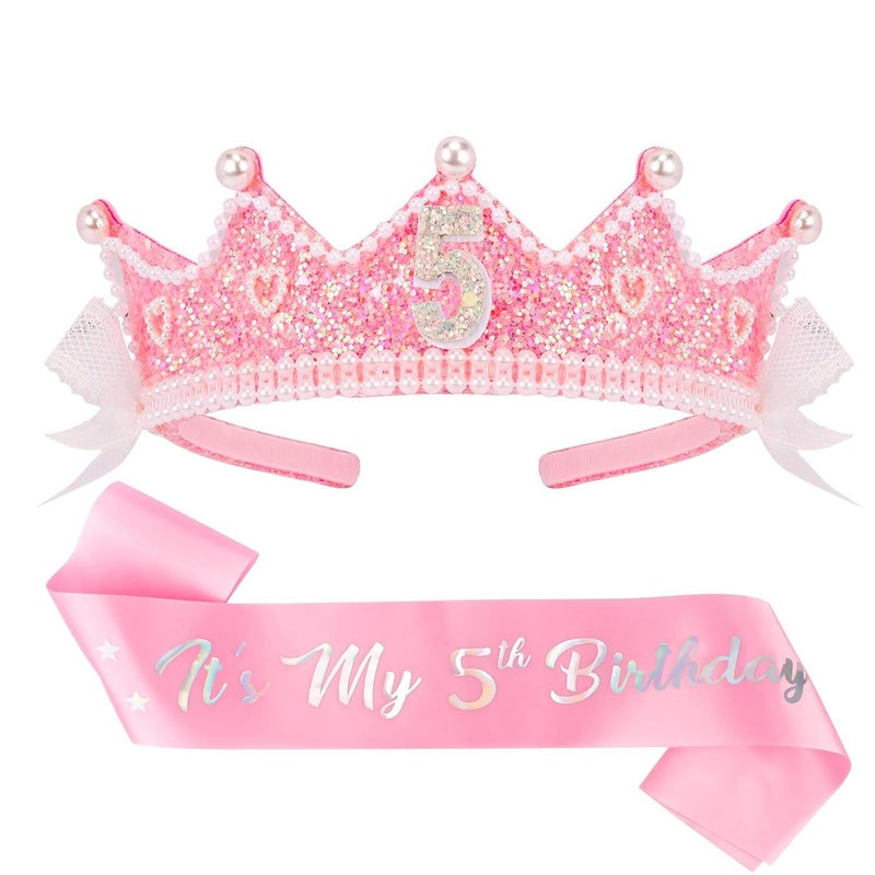 CUBACO Birthday Crown Headband 5th Birthday Girl Sash, Birthday Girl Headband Princess Pink Crown 5 Year Old Girl Gift Outfit Birthday Decorations,Suitable for Party Favors Decorations - Image 1