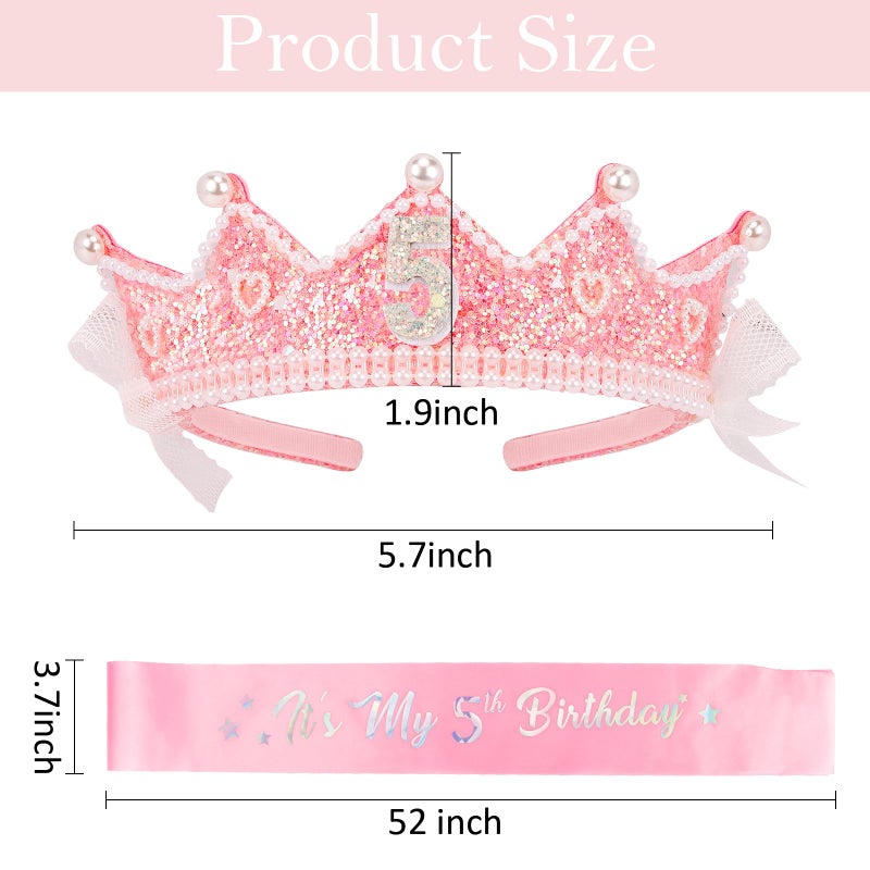 CUBACO Birthday Crown Headband 5th Birthday Girl Sash, Birthday Girl Headband Princess Pink Crown 5 Year Old Girl Gift Outfit Birthday Decorations,Suitable for Party Favors Decorations - Image 5