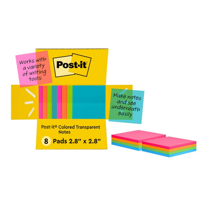 Post-it Colored Transparent Sticky Notes 3x3 in 8 Pads/Pack 36 Sheets/Pad Sticks Securely and Removes Cleanly - Image 1