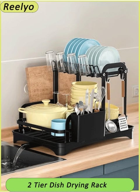 2 Tier Dish Drying Rack Large Capacity Draining Board Rack Dish Rack with Cup Holder & Tray & Drainage Pipe Dish Drainer with Drainboard and Utensil Holder Extra Drying Mat
