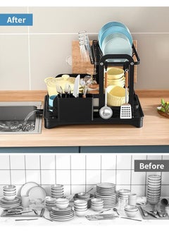 Reelyo 2 Tier Dish Drying Rack Large Capacity Draining Board Rack Dish Rack with Cup Holder & Tray & Drainage Pipe Dish Drainer with Drainboard and Utensil Holder Extra Drying Mat  - Image 5