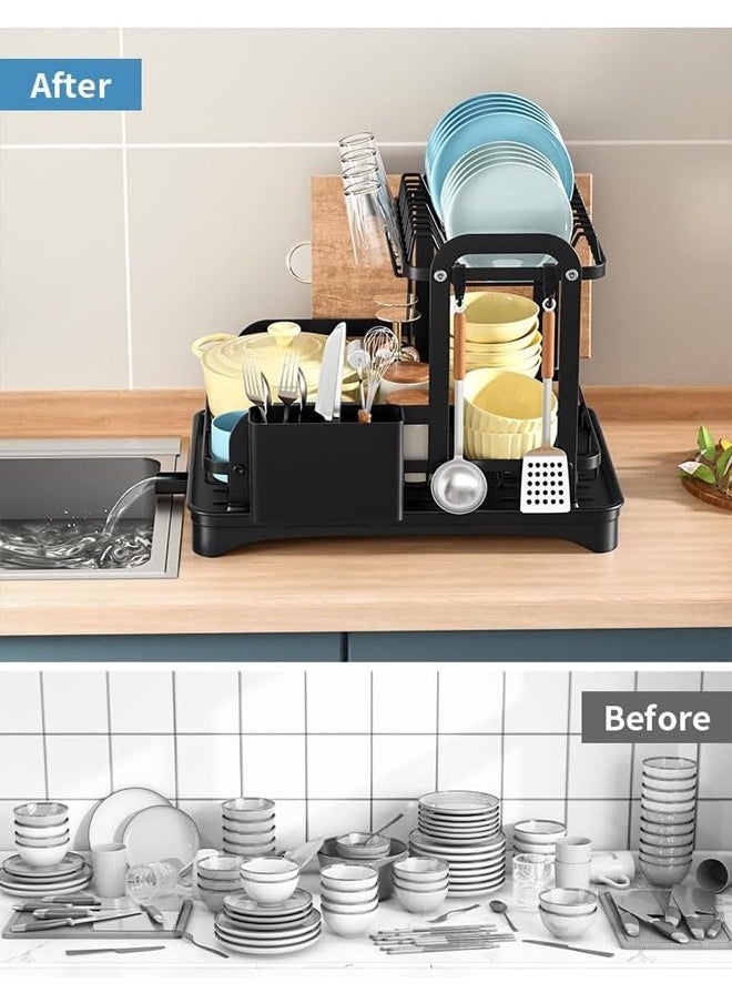 2 Tier Dish Drying Rack Large Capacity Draining Board Rack Dish Rack with Cup Holder & Tray & Drainage Pipe Dish Drainer with Drainboard and Utensil Holder Extra Drying Mat
