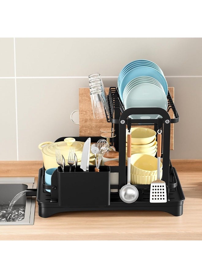 2 Tier Dish Drying Rack Large Capacity Draining Board Rack Dish Rack with Cup Holder & Tray & Drainage Pipe Dish Drainer with Drainboard and Utensil Holder Extra Drying Mat
