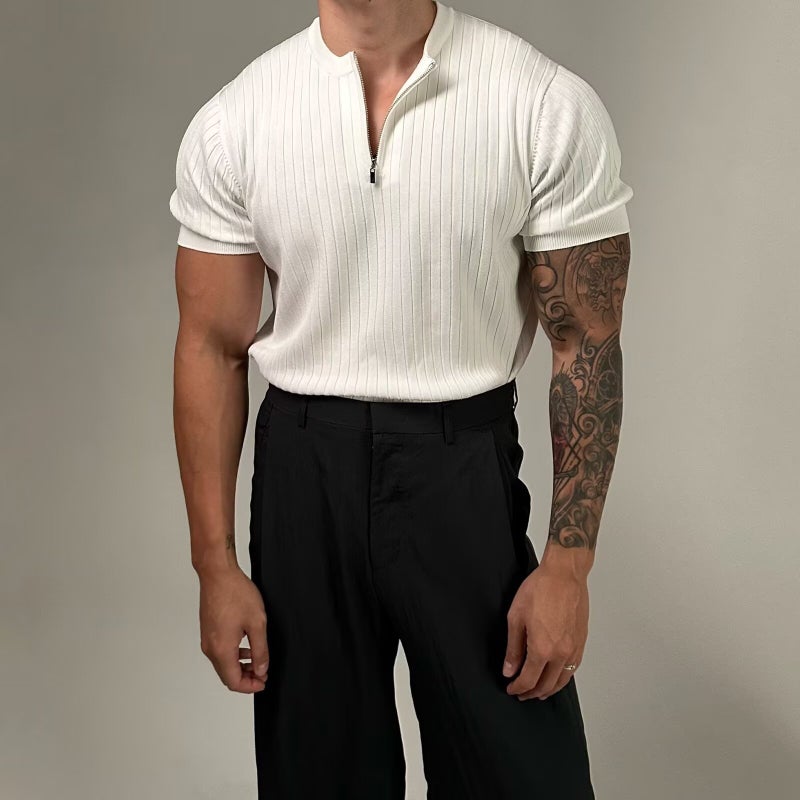 Black Henry Collar Slim-Fit Knitted Short-Sleeved Men'S Summer Lightweight Mature Half-Zipper Slim-Fit Plus Size T-Shirt - Image 4
