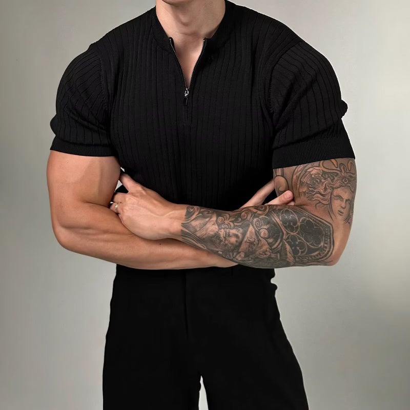 Black Henry Collar Slim-Fit Knitted Short-Sleeved Men'S Summer Lightweight Mature Half-Zipper Slim-Fit Plus Size T-Shirt - Image 1