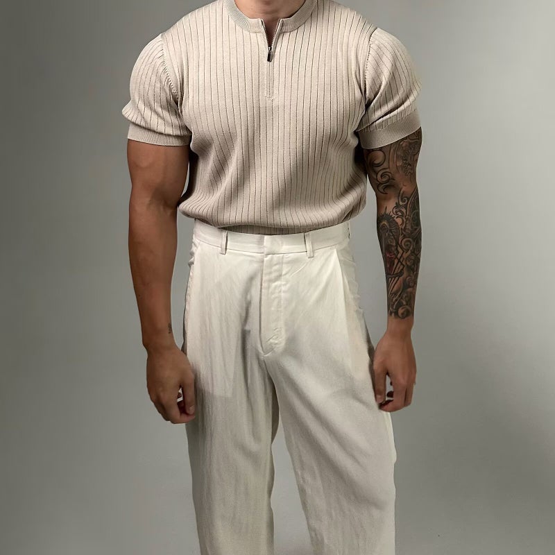 Black Henry Collar Slim-Fit Knitted Short-Sleeved Men'S Summer Lightweight Mature Half-Zipper Slim-Fit Plus Size T-Shirt - Image 5