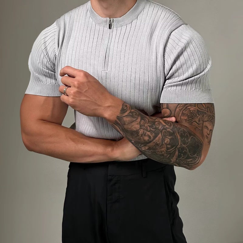 Black Henry Collar Slim-Fit Knitted Short-Sleeved Men'S Summer Lightweight Mature Half-Zipper Slim-Fit Plus Size T-Shirt - Image 3
