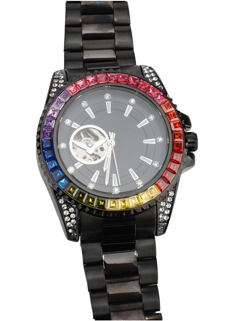 Generic - Mechanical Watch Rhinestone Colorful Water Resistant Chronograph Men Watch with Steel Strap Casual Business Automatic Mechanical Watch Men Watch Chronograph Colorful - Image 1
