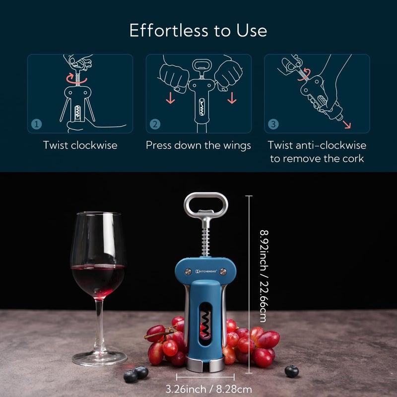 KITCHENDAO 3 in 1 Wing Corkscrew Wine Bottle Opener with Foil Cutter, Built-in Beer Bottle Opener, Multifunctional Wine Opener with Non-Stick Sharp Screw,Easy to Use, Sturdy Durable Manual Corkscrew - Image 4