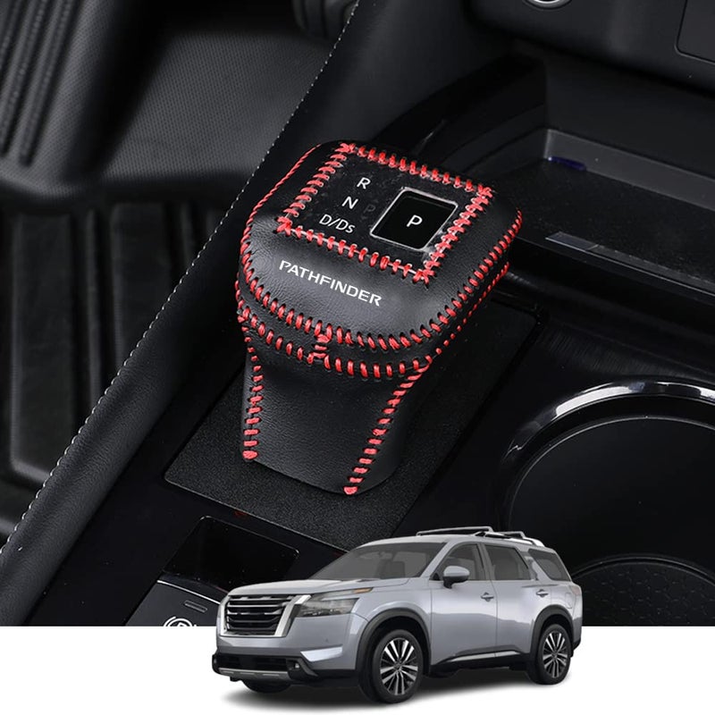 Kakash Custom Interior Accessories for Nissan Pathfinder 2022 2023 Leather Automatic Gear Shift Knob CoverTransimission Boots Shift Lever Leather SheathRed Stitches