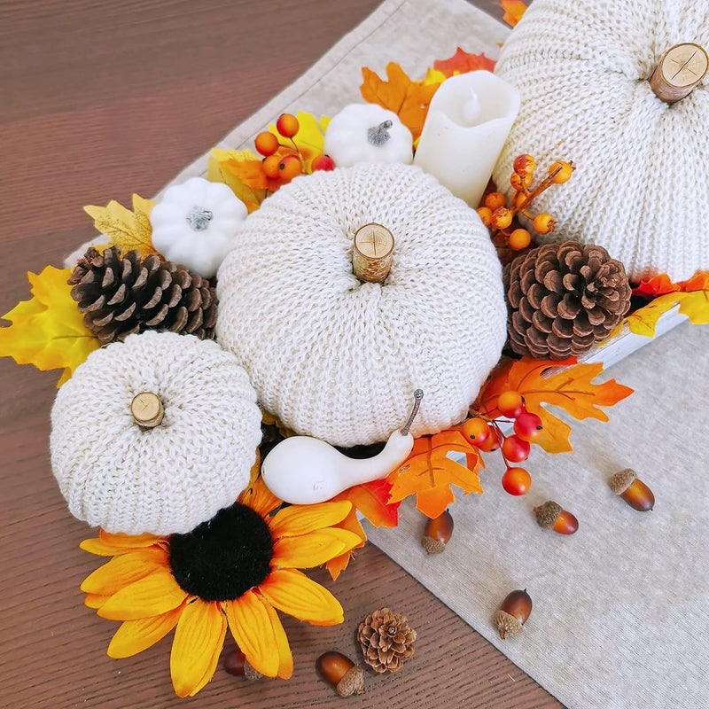Winlyn Set of 3 Faux Decorative Beige Pumpkins Crochet Pumpkins Knit Pumpkins Foam Pumpkins for Rustic Farmhouse Thanksgiving Harvest Wedding Baby Shower Table Centerpiece Shelf Mantel Kitchen Decor - Image 4