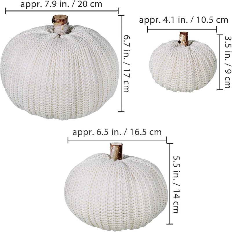 Winlyn Set of 3 Faux Decorative Beige Pumpkins Crochet Pumpkins Knit Pumpkins Foam Pumpkins for Rustic Farmhouse Thanksgiving Harvest Wedding Baby Shower Table Centerpiece Shelf Mantel Kitchen Decor - Image 2