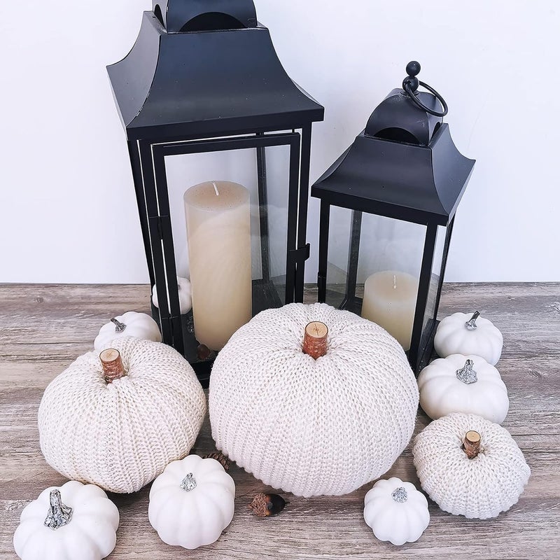 Winlyn Set of 3 Faux Decorative Beige Pumpkins Crochet Pumpkins Knit Pumpkins Foam Pumpkins for Rustic Farmhouse Thanksgiving Harvest Wedding Baby Shower Table Centerpiece Shelf Mantel Kitchen Decor - Image 5