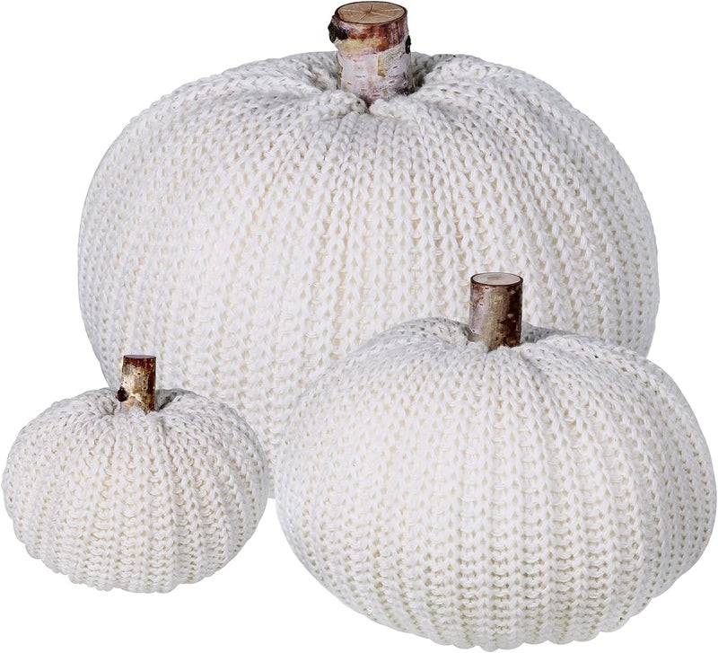 Winlyn Set of 3 Faux Decorative Beige Pumpkins Crochet Pumpkins Knit Pumpkins Foam Pumpkins for Rustic Farmhouse Thanksgiving Harvest Wedding Baby Shower Table Centerpiece Shelf Mantel Kitchen Decor - Image 1