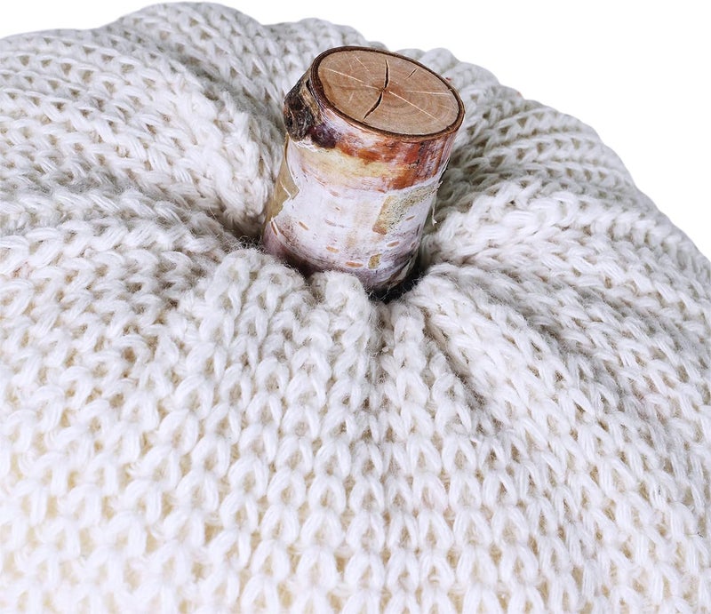 Winlyn Set of 3 Faux Decorative Beige Pumpkins Crochet Pumpkins Knit Pumpkins Foam Pumpkins for Rustic Farmhouse Thanksgiving Harvest Wedding Baby Shower Table Centerpiece Shelf Mantel Kitchen Decor - Image 3