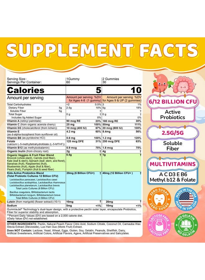 NEVISS Probiotics for Kids + Veggie & Fruit Fiber Gummies, with 12 Billion CFU Probiotic, Organic Inulin Prebiotics Fiber, Methyl B12, B6, C for Children's Digestive & Gut, Immune Health, Sugar Free, 60Cts - Image 2
