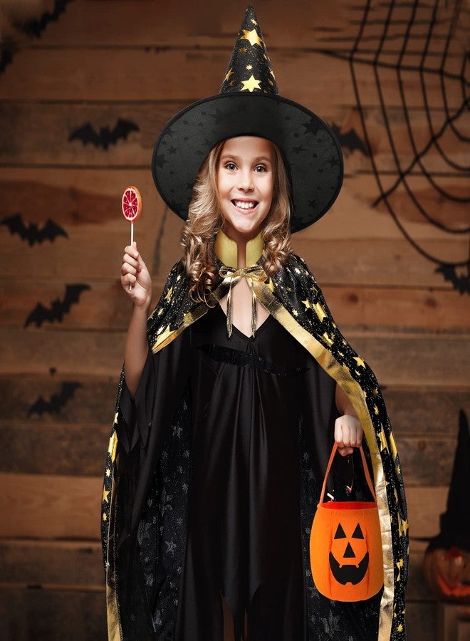 Handepo 2 Sets Halloween Kids Witch Cloak Cape with Wizard Hat, 2 Sets Witch Broom and Pumpkin Bags Halloween Costume Props for over 6 Years Kids Boys Girls Cosplay Party Accessories - Image 4