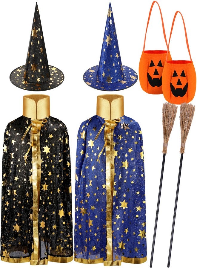 Handepo 2 Sets Halloween Kids Witch Cloak Cape with Wizard Hat, 2 Sets Witch Broom and Pumpkin Bags Halloween Costume Props for over 6 Years Kids Boys Girls Cosplay Party Accessories - Image 1