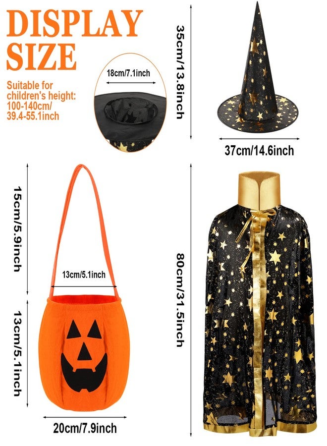 Handepo 2 Sets Halloween Kids Witch Cloak Cape with Wizard Hat, 2 Sets Witch Broom and Pumpkin Bags Halloween Costume Props for over 6 Years Kids Boys Girls Cosplay Party Accessories - Image 2