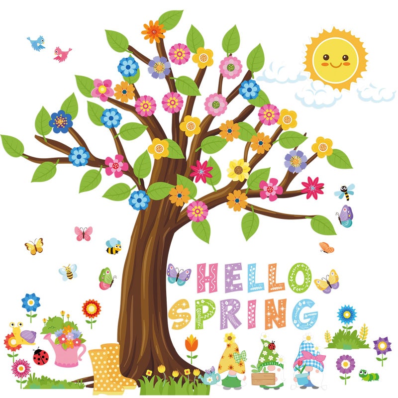 Chivertion 150 Pcs Hello Spring Tree Bulletin Board Set Bulletin Board Decorations Flowers and Leaves Woodland Cutouts Stickers for Home Blackboard Wall DecorHello Spring - Image 2