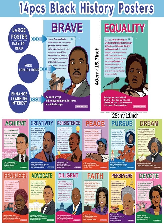 Wiooffen 14Pcs Black History Month Posters Classroom Decoration African American Inspirational Art Posters for Middle School High School Classroom Library Office History Classroom Decor Homeschool - Image 2