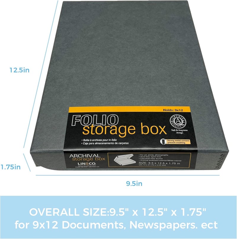 Lineco Folio Storage Box, Clamshell Design with Metal Edge. 9.5x12.5x1.75, Archival Boxboard, Preserve Photos, Prints, Cards, Magazines, Documents, Art, Ephemera, Family Records, Gray, Pack of 2 - Image 2