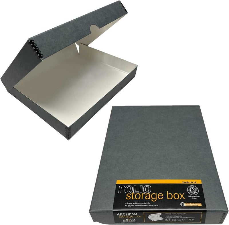 Lineco Folio Storage Box, Clamshell Design with Metal Edge. 9.5x12.5x1.75, Archival Boxboard, Preserve Photos, Prints, Cards, Magazines, Documents, Art, Ephemera, Family Records, Gray, Pack of 2 - Image 1