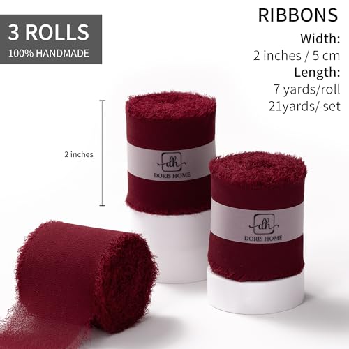 DORIS HOME Burgundy Chiffon Ribbon for Flower Bouquet, 2" x21Yd Fabric Ribbon for Gift Wrapping, Handmade Frayed Ribbon for Wedding, Chiffon Silk Ribbon for Christmas Decorations - Image 3