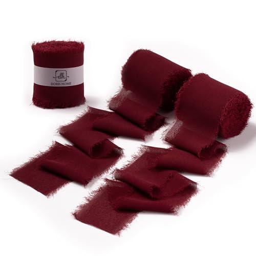 DORIS HOME Burgundy Chiffon Ribbon for Flower Bouquet, 2" x21Yd Fabric Ribbon for Gift Wrapping, Handmade Frayed Ribbon for Wedding, Chiffon Silk Ribbon for Christmas Decorations - Image 1