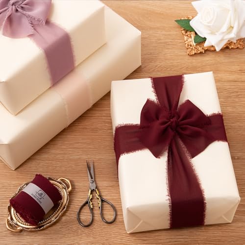 DORIS HOME Burgundy Chiffon Ribbon for Flower Bouquet, 2" x21Yd Fabric Ribbon for Gift Wrapping, Handmade Frayed Ribbon for Wedding, Chiffon Silk Ribbon for Christmas Decorations - Image 5
