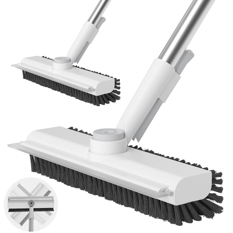 AIR U+ Floor Scrub Brush with Long Handle, 3 in 1 Scrape and Heavy-Duty Stiff Bristle Scrubber Brush for Cleaning Shower Bathroom, Patio, Garage, Kitchen, Wall and Deck (White, 2 Pack) - Image 1