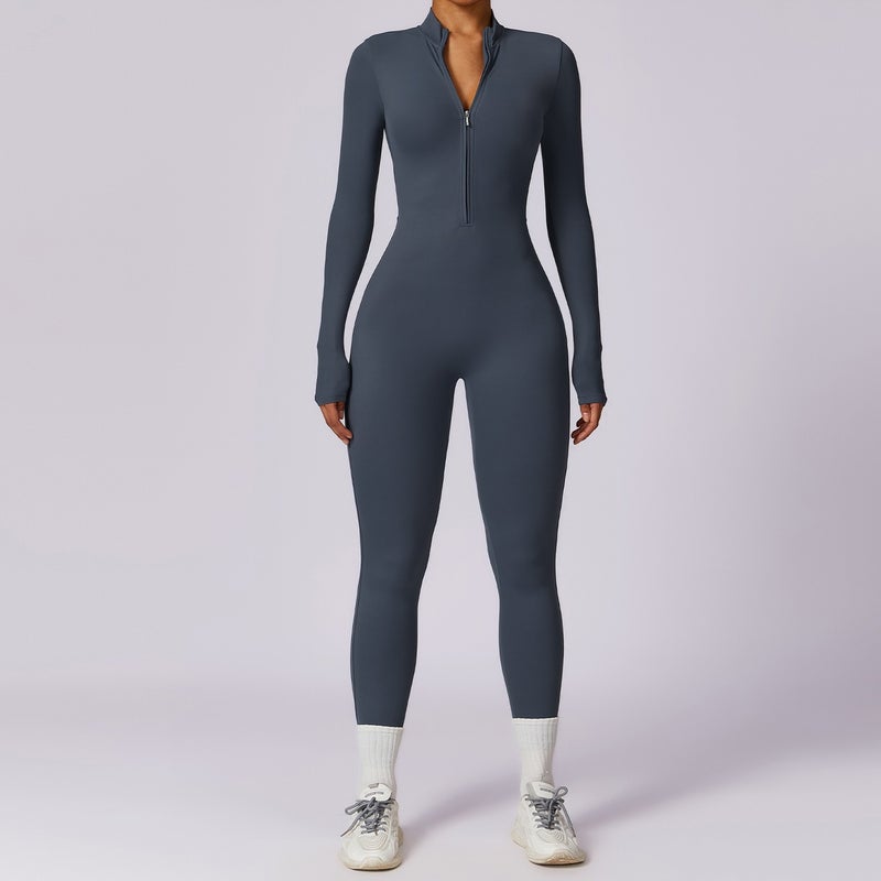 Zechuang European and American Zipper Nude-Feel Long Sleeve Yoga Jumpsuit High-Strength Fitness Sport Bodysuit 8306