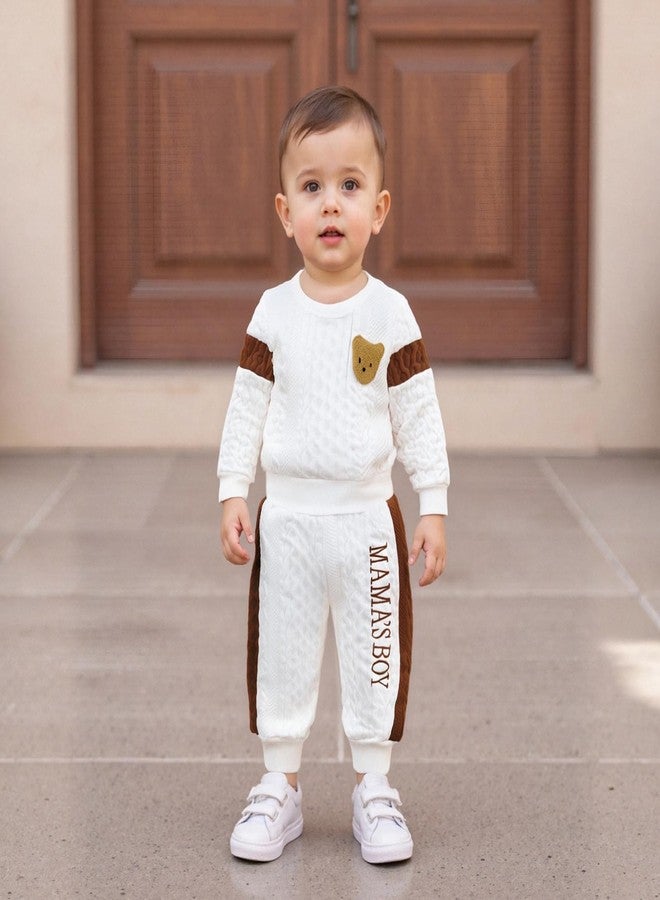 SAYOO Infant Baby Boy Clothes 3 6 12 18 Months Fall Winter Outfit Bear Romper Mama's Boy Embroidery Pants 2Pcs Tracksuit (White, 6-9 Months) - Image 4