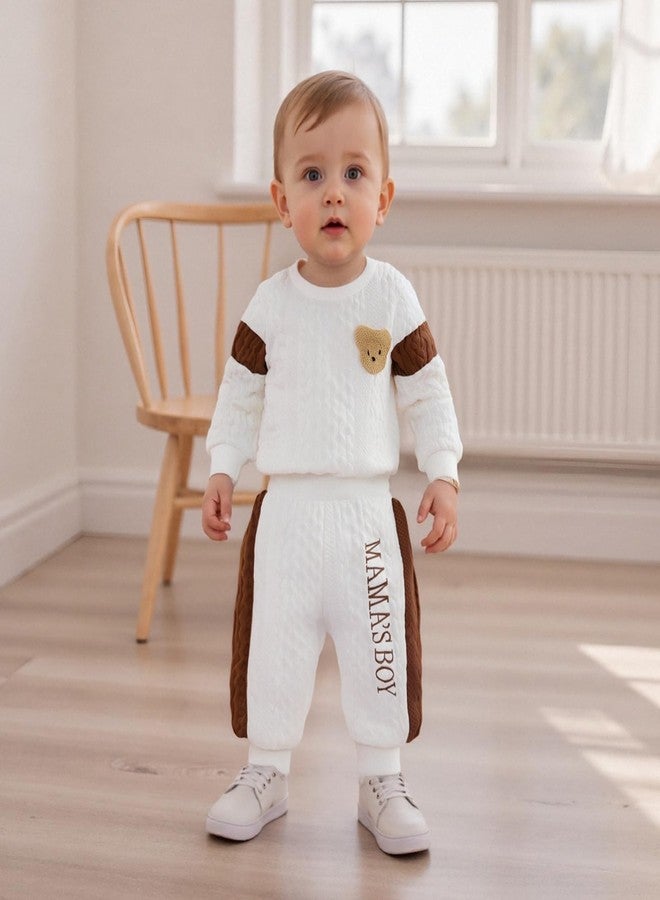 SAYOO Infant Baby Boy Clothes 3 6 12 18 Months Fall Winter Outfit Bear Romper Mama's Boy Embroidery Pants 2Pcs Tracksuit (White, 6-9 Months) - Image 3