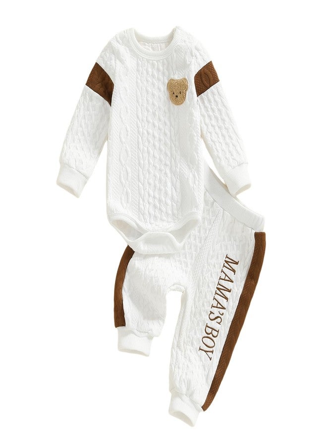 SAYOO Infant Baby Boy Clothes 3 6 12 18 Months Fall Winter Outfit Bear Romper Mama's Boy Embroidery Pants 2Pcs Tracksuit (White, 6-9 Months) - Image 1