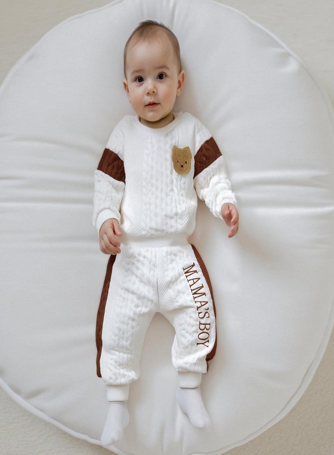 SAYOO Infant Baby Boy Clothes 3 6 12 18 Months Fall Winter Outfit Bear Romper Mama's Boy Embroidery Pants 2Pcs Tracksuit (White, 6-9 Months) - Image 5