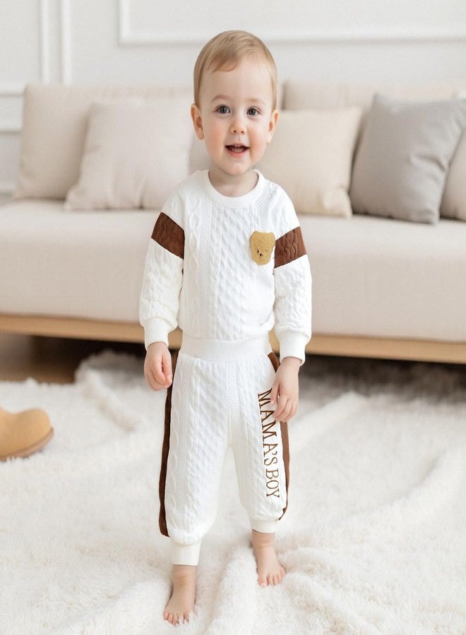 SAYOO Infant Baby Boy Clothes 3 6 12 18 Months Fall Winter Outfit Bear Romper Mama's Boy Embroidery Pants 2Pcs Tracksuit (White, 6-9 Months) - Image 2