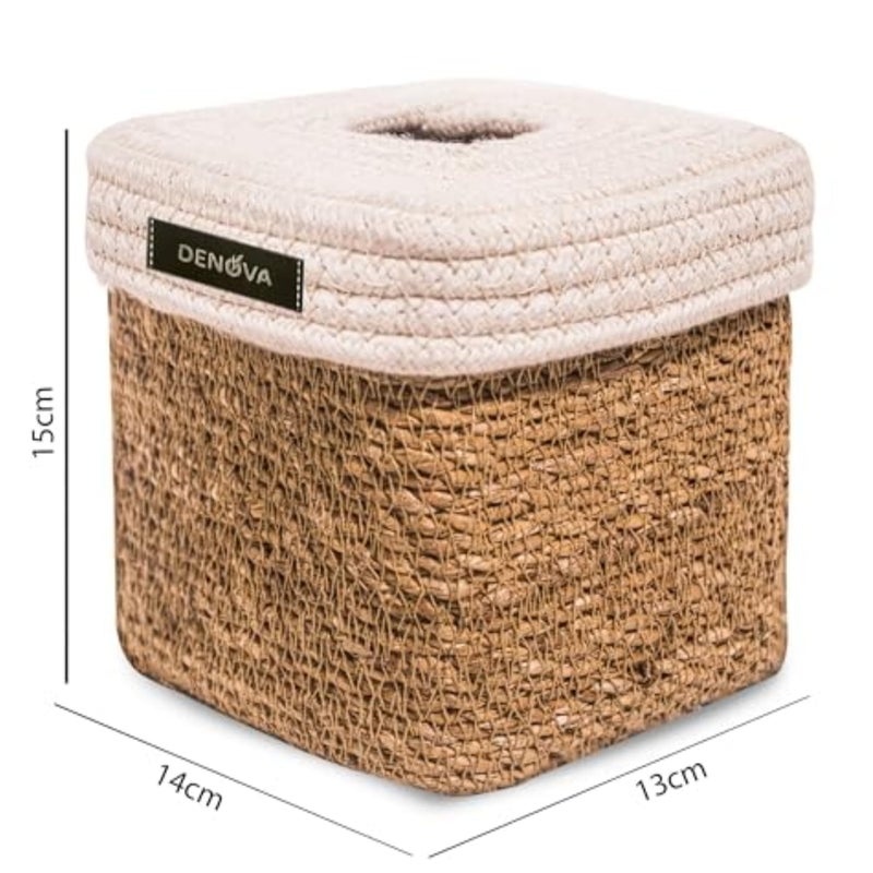 DENOVA Seagrass Tissue Box Holder, Handcrafted Tissue Container for 100 Pulls Paper Towel Dispenser for Office Living Bedroom Car Desk Dining Table Home Decor Organizer (Seagrass + Cream Tissue) - Image 3