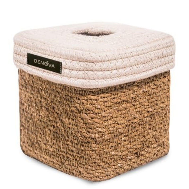 DENOVA Seagrass Tissue Box Holder, Handcrafted Tissue Container for 100 Pulls Paper Towel Dispenser for Office Living Bedroom Car Desk Dining Table Home Decor Organizer (Seagrass + Cream Tissue) - Image 1