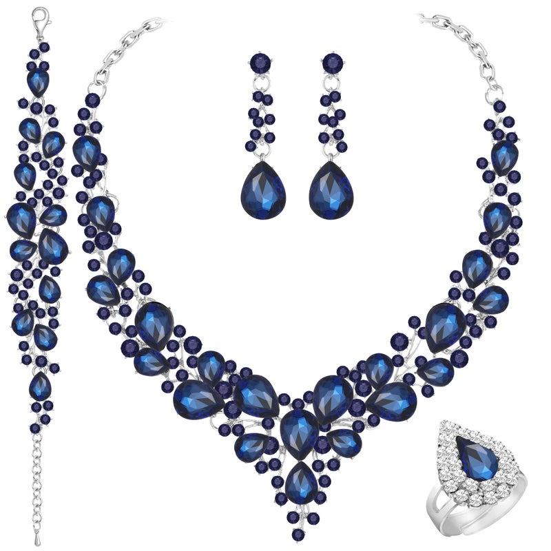 Paxuan Crystal Bridal Wedding Jewelry Sets for Women Rhinestone Teardrop Crystal Statement Choker Necklace Drop Earrings Link Bracelets Rings Teardrop Jewelry Set for Brides Bridesmaids - Image 1