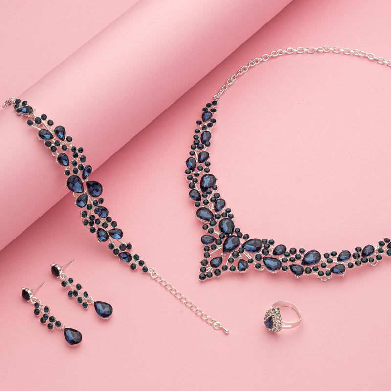 Paxuan Crystal Bridal Wedding Jewelry Sets for Women Rhinestone Teardrop Crystal Statement Choker Necklace Drop Earrings Link Bracelets Rings Teardrop Jewelry Set for Brides Bridesmaids - Image 5