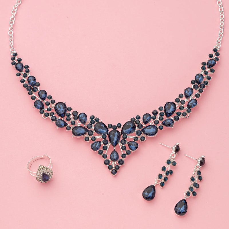 Paxuan Crystal Bridal Wedding Jewelry Sets for Women Rhinestone Teardrop Crystal Statement Choker Necklace Drop Earrings Link Bracelets Rings Teardrop Jewelry Set for Brides Bridesmaids - Image 4