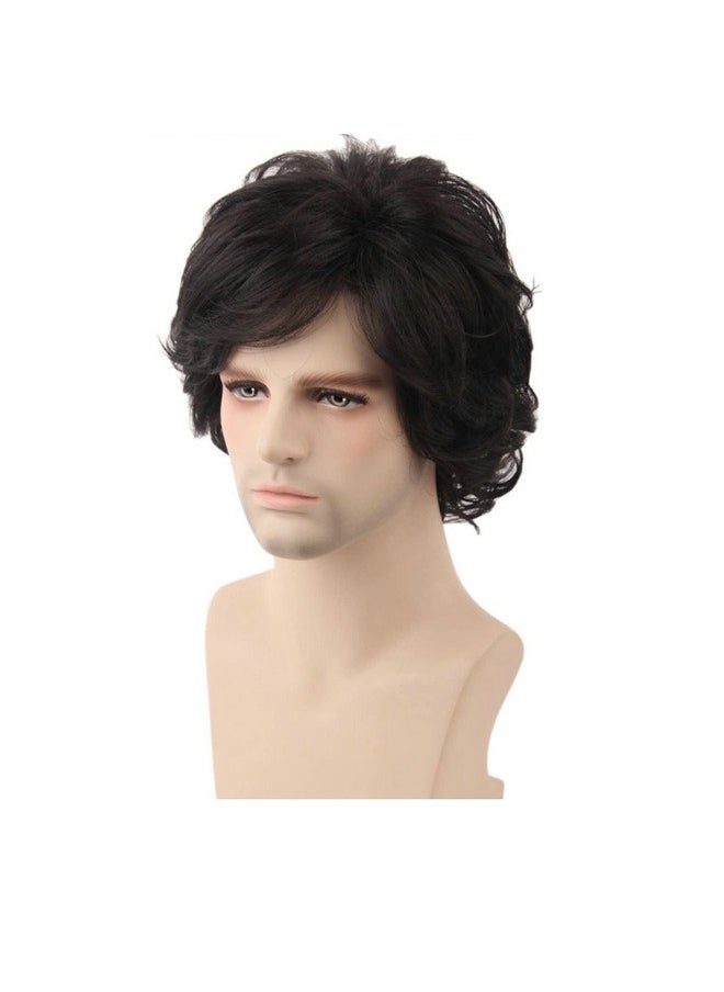 ZVEV Men's Hair Wig,Mens Curly Hair Black Short Curly Hair Multi-Layered Wig Synthetic Wig Replacement Style Cosplay Evening Wig for Daytime Slant Bangs Natural Wave Fluffy Short Hair  - Image 3
