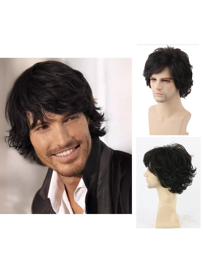 ZVEV Men's Hair Wig,Mens Curly Hair Black Short Curly Hair Multi-Layered Wig Synthetic Wig Replacement Style Cosplay Evening Wig for Daytime Slant Bangs Natural Wave Fluffy Short Hair  - Image 1