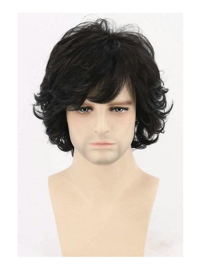 ZVEV Men's Hair Wig,Mens Curly Hair Black Short Curly Hair Multi-Layered Wig Synthetic Wig Replacement Style Cosplay Evening Wig for Daytime Slant Bangs Natural Wave Fluffy Short Hair  - Image 2