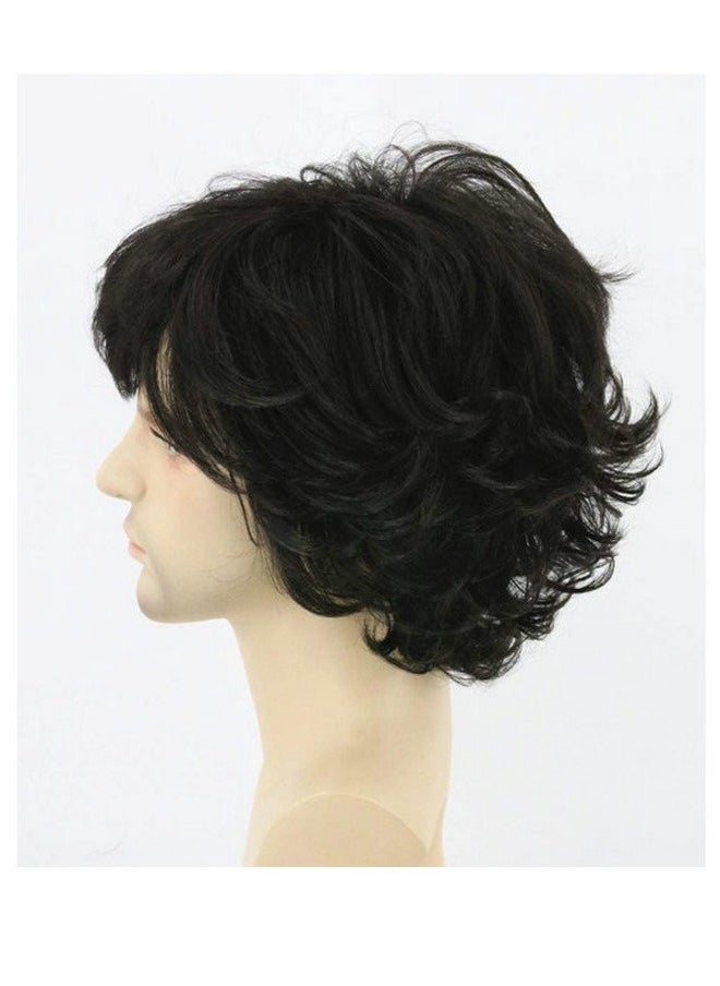 ZVEV Men's Hair Wig,Mens Curly Hair Black Short Curly Hair Multi-Layered Wig Synthetic Wig Replacement Style Cosplay Evening Wig for Daytime Slant Bangs Natural Wave Fluffy Short Hair  - Image 4