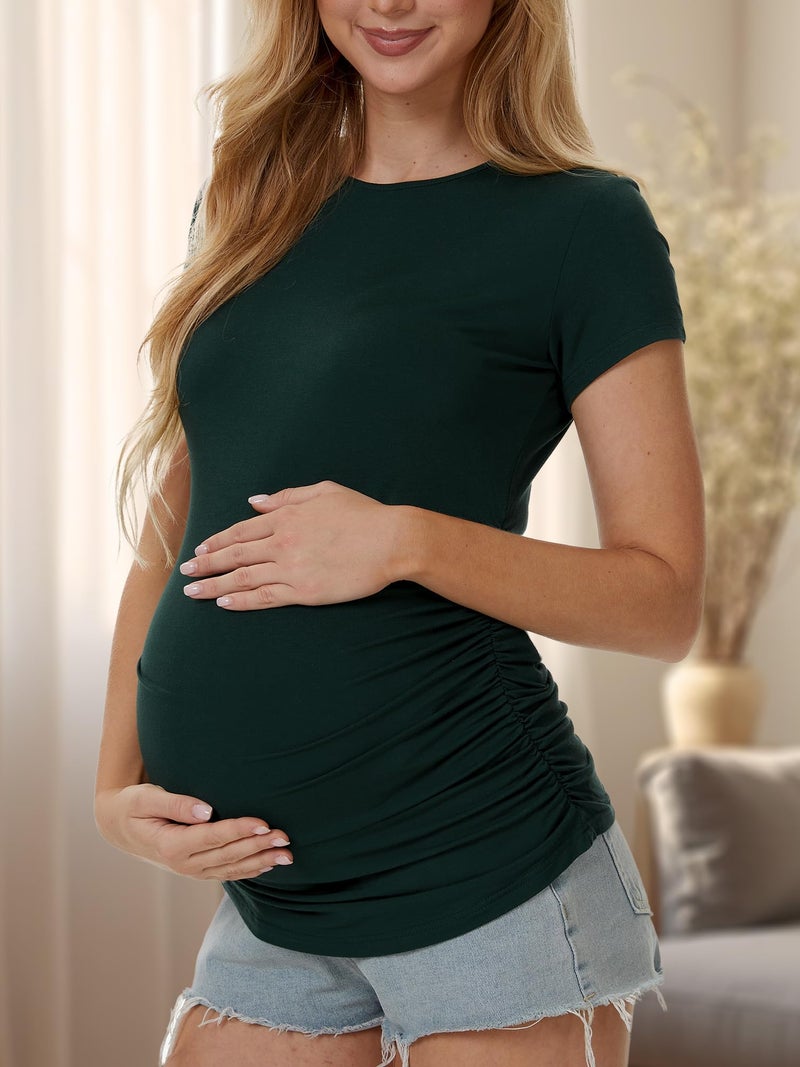 MIRAZEN 3 Pack Womens Maternity Shirts - Crew Neck Maternity Top Short Sleeve Pregnancy Tee Shirts, Black/Light Grey/Dark Green, Large - Image 3